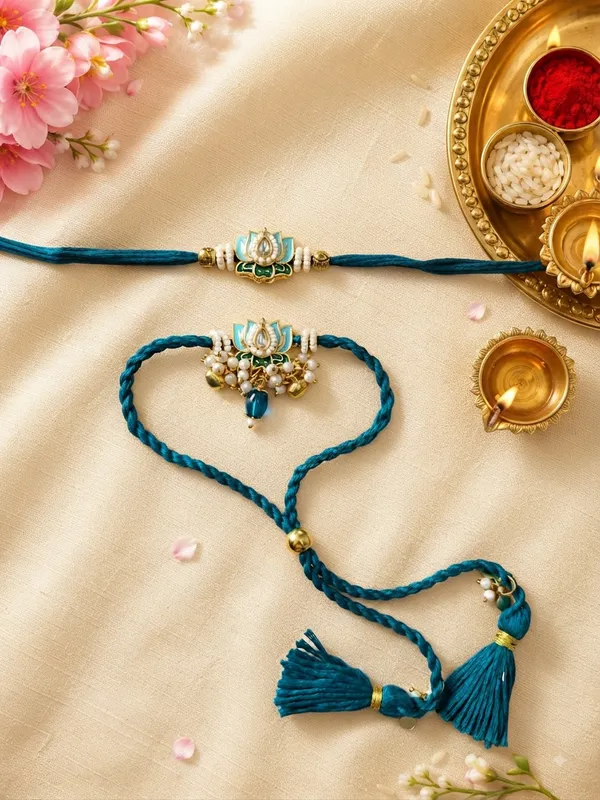 Viva_Jewels_Peacock_Blue_Lotus_Meenakari_Bhaiya_Bhabhi_Rakhi_Set_–_Kundan_Lotus_Rakhi_&_Hanging_Tassel_Pearl_Lumba_Combo