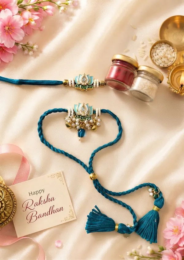 Viva_Jewels_Peacock_Blue_Lotus_Meenakari_Bhaiya_Bhabhi_Rakhi_Set_–_Kundan_Lotus_Rakhi_&_Hanging_Tassel_Pearl_Lumba_Combo