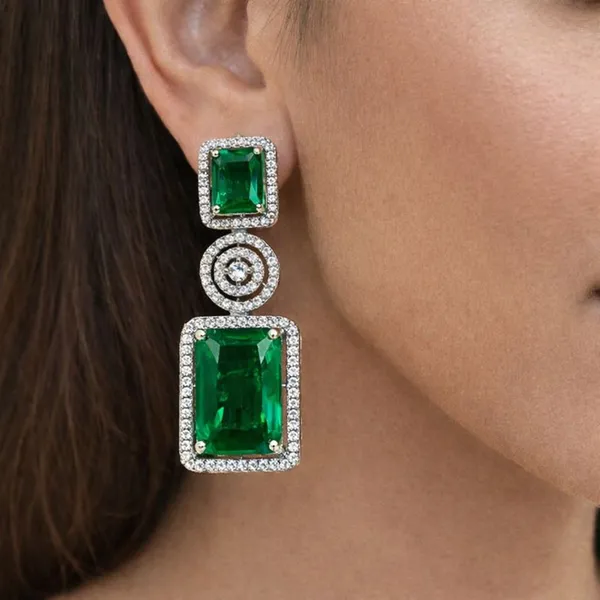 Silver_Plated_Elegant_Designer_CZ__Emerald_Earrings