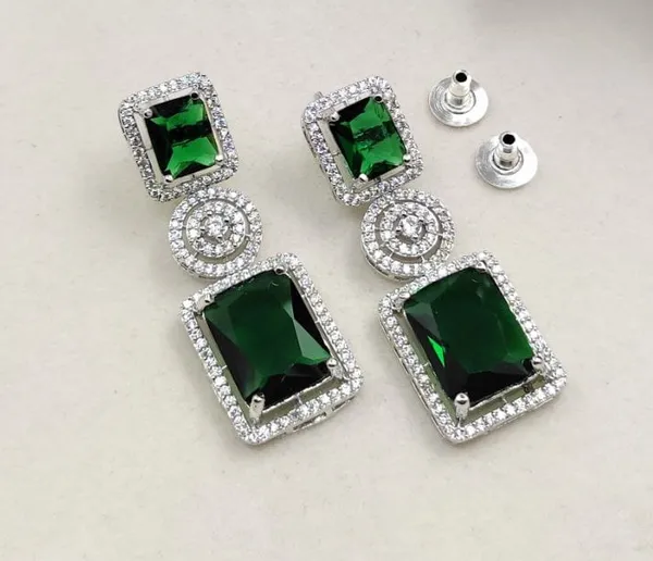 Silver_Plated_Elegant_Designer_CZ__Emerald_Earrings