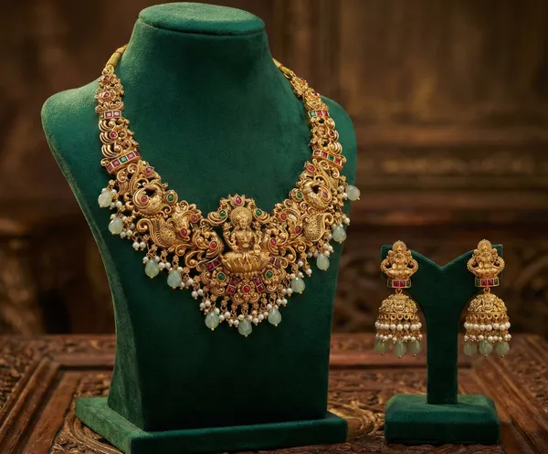 Viva_Jewels_Regal_Lakshmi_&_Peacock_Motif_Temple_Choker_–_Premium_Gold-Plated_Antique_Short_Necklace_with_Vibrant_Stonework_and_Mint_Bead_Droplets