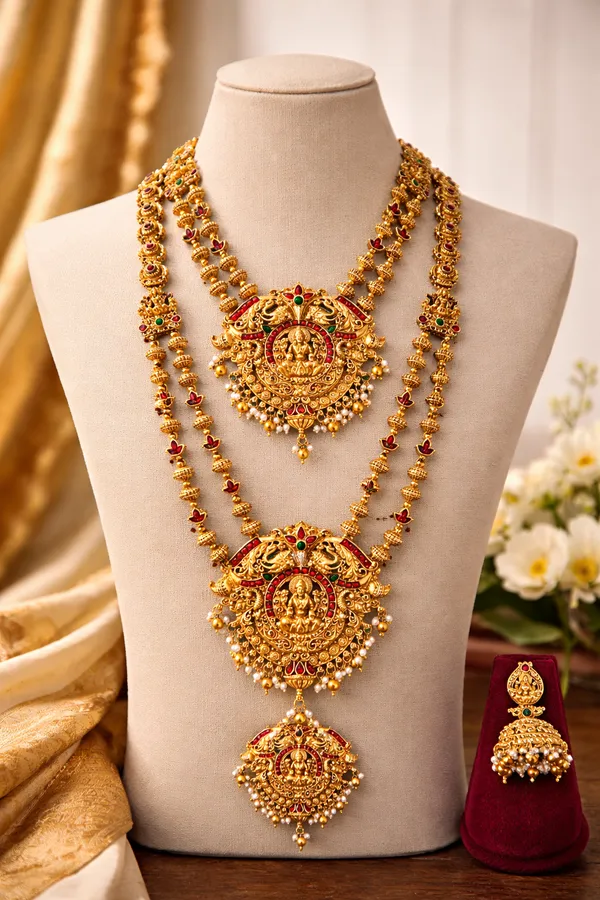 Viva_Jewels_Traditional_Antique_Gold-Matte_Temple_Jewelry_Set_–_Divine_Lakshmi_&_Peacock_Motif_Short_&_Long_Necklace_Combo_with_Matching_Jhumkas