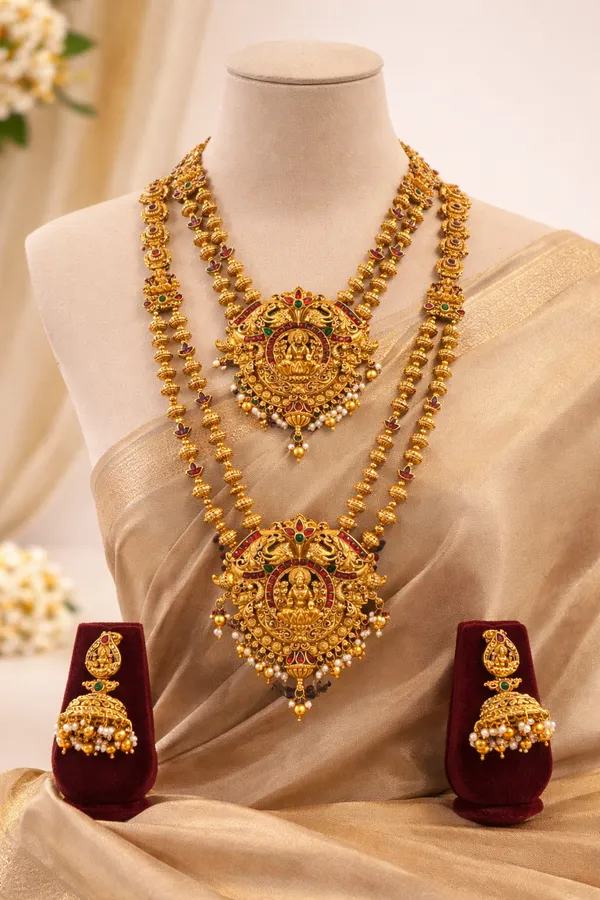 Viva_Jewels_Traditional_Antique_Gold-Matte_Temple_Jewelry_Set_–_Divine_Lakshmi_&_Peacock_Motif_Short_&_Long_Necklace_Combo_with_Matching_Jhumkas