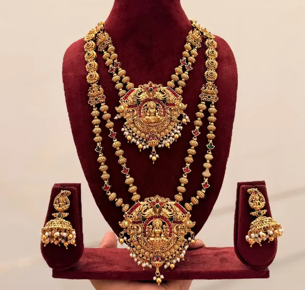 Viva_Jewels_Traditional_Antique_Gold-Matte_Temple_Jewelry_Set_–_Divine_Lakshmi_&_Peacock_Motif_Short_&_Long_Necklace_Combo_with_Matching_Jhumkas