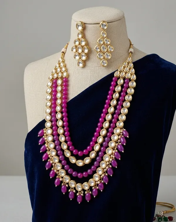 Viva_Jewels_Blush_Rose_Heritage_Choker_Set_–_Gold-Plated_Brass_Necklace_with_Pastel_Pink_Bead_Strands_and_Matching_Floral_Kundan_Earrings