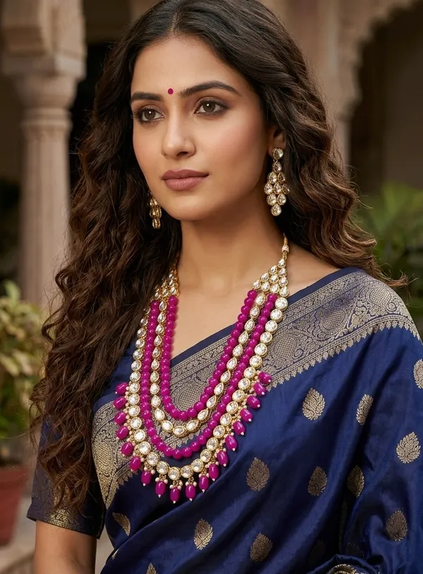 Viva_Jewels_Blush_Rose_Heritage_Choker_Set_–_Gold-Plated_Brass_Necklace_with_Pastel_Pink_Bead_Strands_and_Matching_Floral_Kundan_Earrings