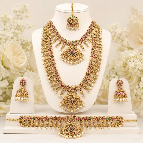 Viva_Jewels_5-Piece_Grand_Antique_Gold_Temple_Bridal_Combo_Set_–_Complete_Heritage_Choker,_Long_Haram,_Jhumkas,_Maang_Tikka_&_Kamarbandh_Set