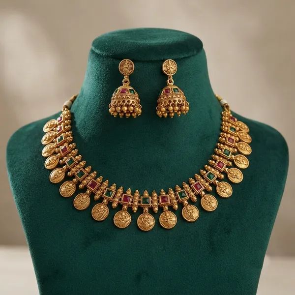 Viva_Jewels_Antique_Gold_Kasu_Mala_Choker_Necklace_Set_–_Ruby_&_Emerald_Kemp_Coin_Necklace_with_Goddess_Lakshmi_Temple_Jhumkas