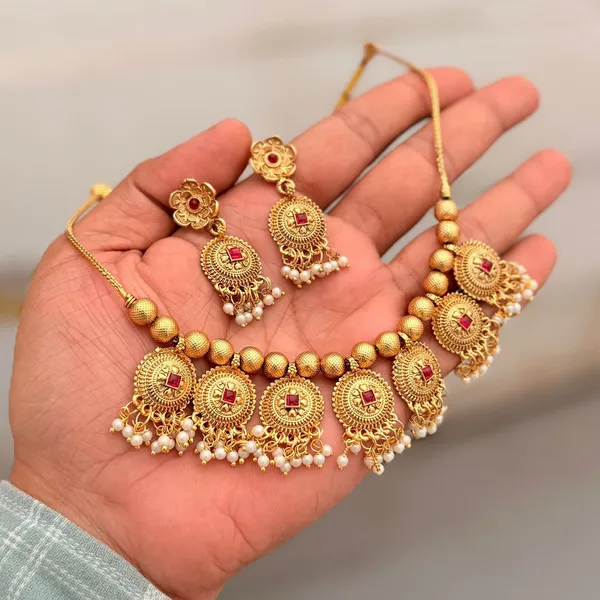 Viva_Jewels_Antique_Gold-Plated_Circular_Coin_Charm_Necklace_Set_–_Traditional_Matte_Gold_Bead_Choker_with_Square_Ruby_Red_Kemp_Stones_&_Delicate_Pearl_Hangings