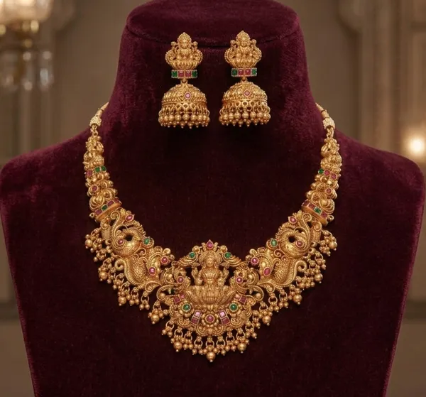 Viva_Jewels_Antique_Gold-Plated_Grand_Goddess_Lakshmi_Temple_Choker_Set_–_Traditional_Kemp-Style_Ruby_&_Emerald_Accent_Peacock_Haram_with_Matching_Heritage_Jhumkas_for_Weddings_&_Festivals