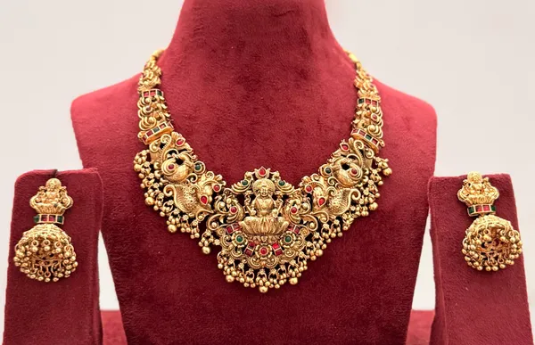 Viva_Jewels_Antique_Gold-Plated_Grand_Goddess_Lakshmi_Temple_Choker_Set_–_Traditional_Kemp-Style_Ruby_&_Emerald_Accent_Peacock_Haram_with_Matching_Heritage_Jhumkas_for_Weddings_&_Festivals