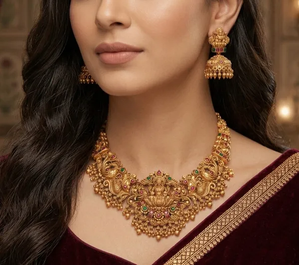 Viva_Jewels_Antique_Gold-Plated_Grand_Goddess_Lakshmi_Temple_Choker_Set_–_Traditional_Kemp-Style_Ruby_&_Emerald_Accent_Peacock_Haram_with_Matching_Heritage_Jhumkas_for_Weddings_&_Festivals