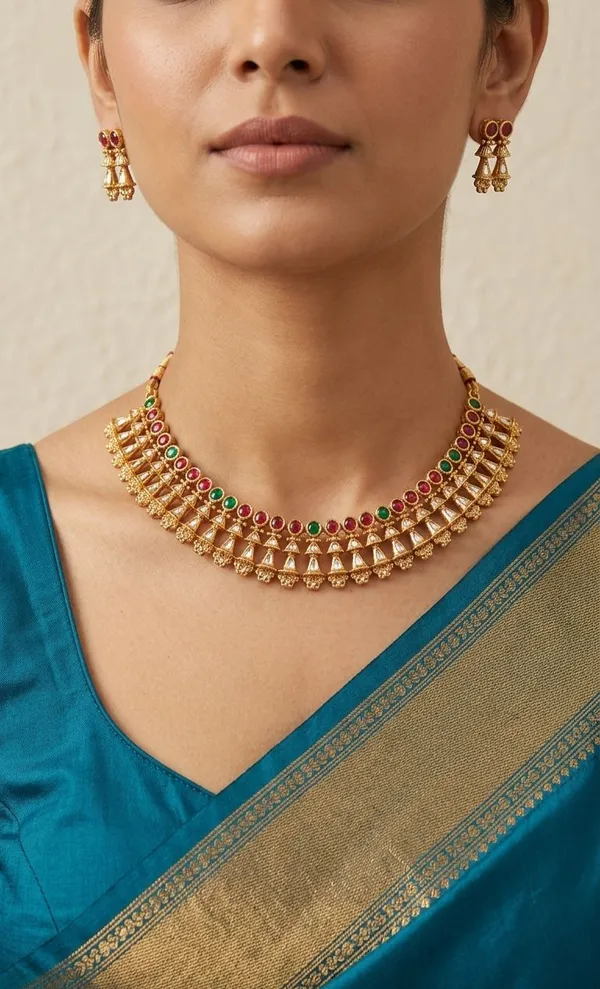 Viva_Jewels_Antique_Gold-Plated_Matte_Temple_Necklace_Set_–_Traditional_Kemp_Style_Ruby_&_Emerald_Accent_Choker_with_Matching_Drop_Earrings_for_Weddings_&_Festivals