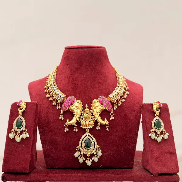 Viva_Jewels_Antique_Temple_Goddess_Lakshmi_&_Twin_Elephant_Grand_Choker_Set_–_Premium_Matte_Gold-Plated_Neckpiece_with_Ruby,_Emerald_&_Pearl_Drop_Accents_and_Matching_Jhumkas