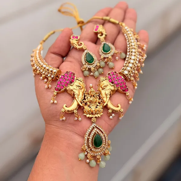 Viva_Jewels_Antique_Temple_Goddess_Lakshmi_&_Twin_Elephant_Grand_Choker_Set_–_Premium_Matte_Gold-Plated_Neckpiece_with_Ruby,_Emerald_&_Pearl_Drop_Accents_and_Matching_Jhumkas