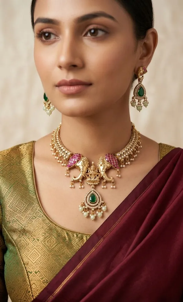 Viva_Jewels_Antique_Temple_Goddess_Lakshmi_&_Twin_Elephant_Grand_Choker_Set_–_Premium_Matte_Gold-Plated_Neckpiece_with_Ruby,_Emerald_&_Pearl_Drop_Accents_and_Matching_Jhumkas