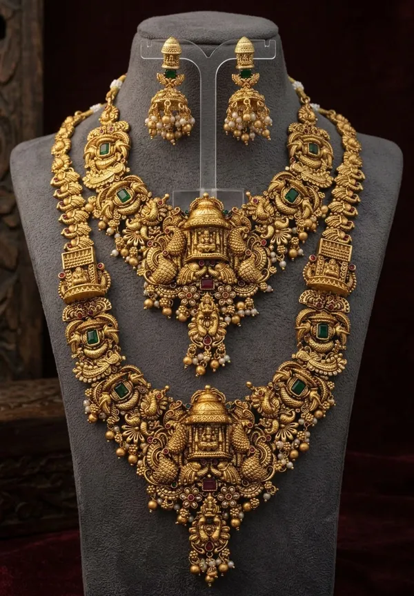 Viva_Jewels_Antique_Temple_Lakshmi_&_Peacock_Grand_Combo_–_Premium_Gold-Plated_Short_&_Long_Haram_Set_with_Matching_Jhumkas