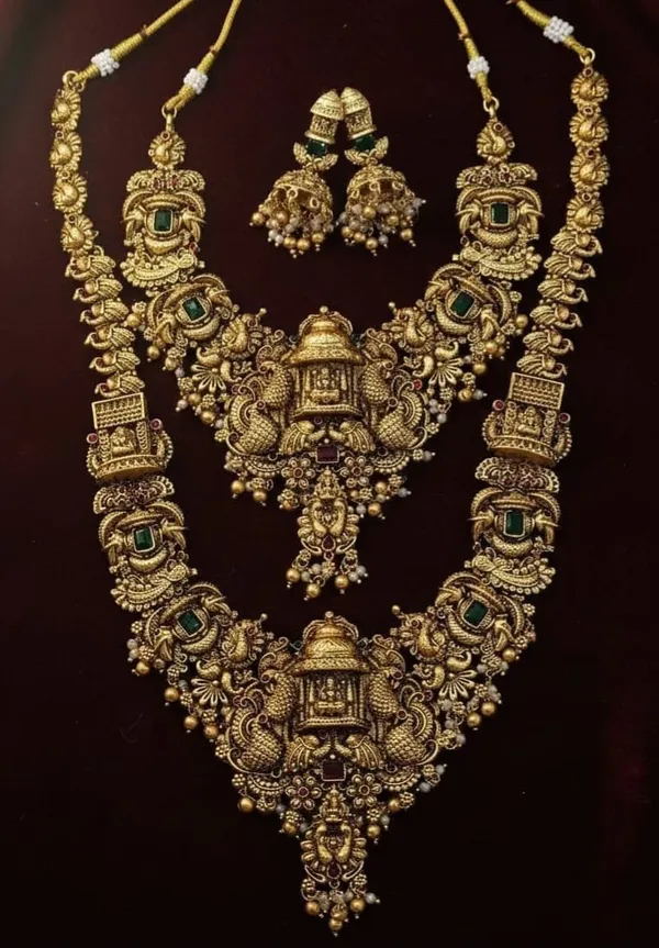 Viva_Jewels_Antique_Temple_Lakshmi_&_Peacock_Grand_Combo_–_Premium_Gold-Plated_Short_&_Long_Haram_Set_with_Matching_Jhumkas
