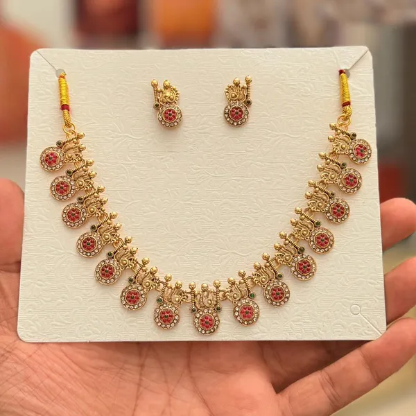 Viva_Jewels_Antique_Temple_Lord_Ganesha_Motifs_Premium_Gold-Plated_Choker_Set_–_Handcrafted_Red_Kemp_&_White_Stone_Short_Necklace_with_Matching_Stud_Earrings_for_Festive_&_Wedding_Glamour