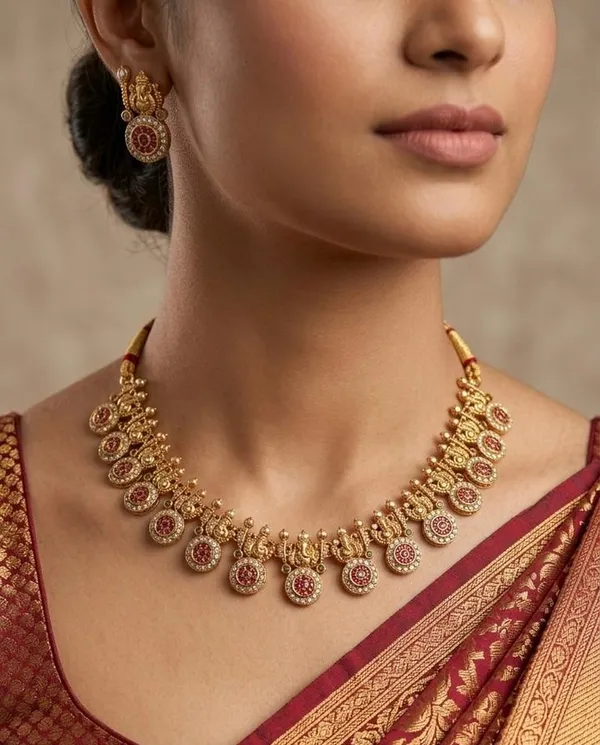 Viva_Jewels_Antique_Temple_Lord_Ganesha_Motifs_Premium_Gold-Plated_Choker_Set_–_Handcrafted_Red_Kemp_&_White_Stone_Short_Necklace_with_Matching_Stud_Earrings_for_Festive_&_Wedding_Glamour