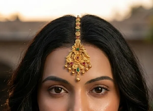 Viva_Jewels_Blooming_Flora_Antique_Gold-Plated_Maang_Tikka_–_Two-Tiered_Kemp_Stone_Forehead_Accessory_with_Gold_Ball_Fringe