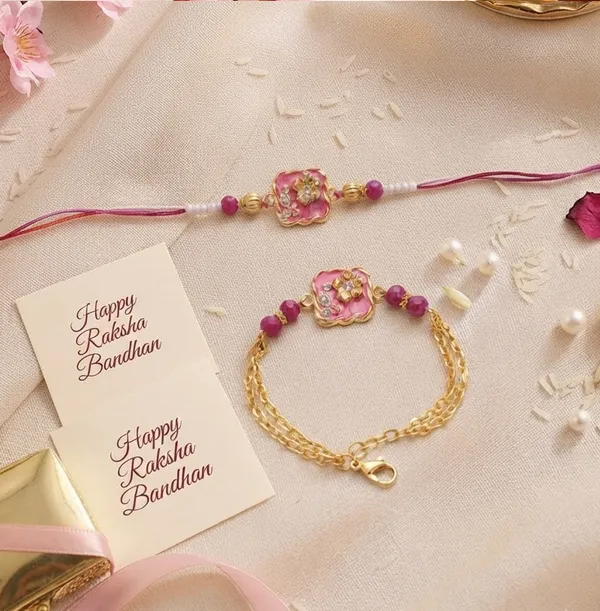 Viva_Jewels_Blush_Pink_Floral_Meenakari_Bhaiya_Bhabhi_Rakhi_Set_–_Square_Enamel_Charm_Rakhi_&_Double-Chain_Bracelet_Lumba_Set