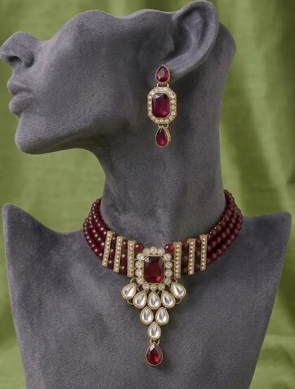 Viva_Jewels_Crimson_Royalty_Kundan_Choker_Set_–_Gold-Plated_Statement_Necklace_with_Quad-Strand_Maroon_Beads,_Emerald-Cut_Centerpiece,_and_Matching_Drop_Earrings