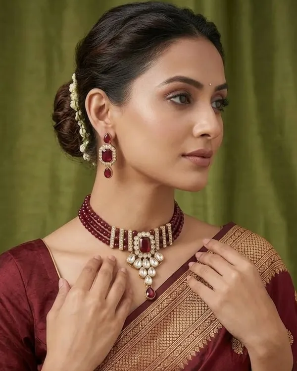 Viva_Jewels_Crimson_Royalty_Kundan_Choker_Set_–_Gold-Plated_Statement_Necklace_with_Quad-Strand_Maroon_Beads,_Emerald-Cut_Centerpiece,_and_Matching_Drop_Earrings