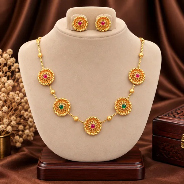 Viva_Jewels_Delicate_Floral_Wheel_Gold_Chain_Necklace_Set_–_Lightweight_Antique_Gold_Chain_with_Red_&_Green_Kemp_Motifs_and_Matching_Stud_Earrings