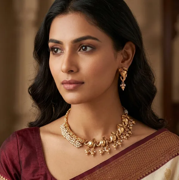 Viva_Jewels_Divine_Antique_Gold_Asymmetric_Elephant_Choker_Set_–_Half-Pearl_Mesh_Collar_with_Sequential_Motif_Pendant_and_Drop_Earrings