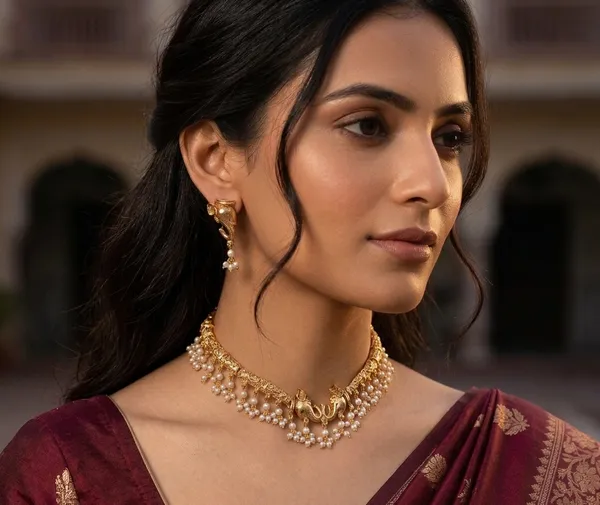Viva_Jewels_Divine_Antique_Gold-Plated_Elephant_Motif_Choker_Set_–_Royal_Heritage_Minimalist_Collar_with_Layered_Pearl_Cluster_Fringe