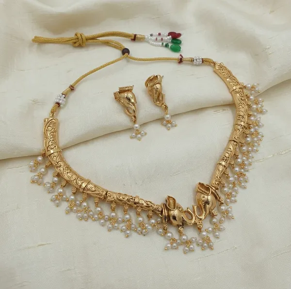 Viva_Jewels_Divine_Antique_Gold-Plated_Elephant_Motif_Choker_Set_–_Royal_Heritage_Minimalist_Collar_with_Layered_Pearl_Cluster_Fringe