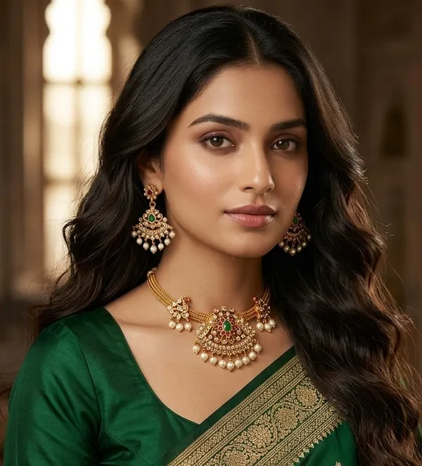 Viva_Jewels_Divine_Antique_Gold-Plated_Temple_Choker_Set_–_Kemp_Stone_Fan_Pendant_&_Side_Peacock_Accents_with_Matching_Tiered_Jhumka_Earrings