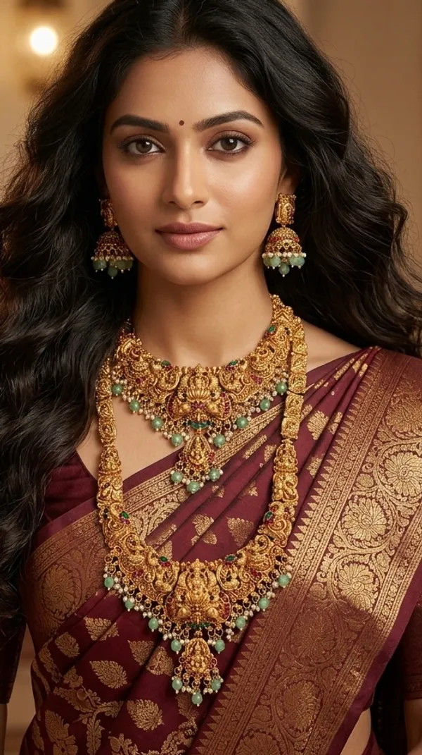 Viva_Jewels_Divine_Goddess_Lakshmi_Antique_Gold_Temple_Combo_Set_–_Statement_Choker,_Long_Haram_Necklace_&_Matching_Jhumkas_with_Mint_Green_Beads