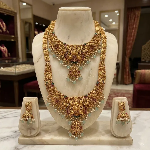 Viva_Jewels_Divine_Goddess_Lakshmi_Antique_Gold_Temple_Combo_Set_–_Statement_Choker,_Long_Haram_Necklace_&_Matching_Jhumkas_with_Mint_Green_Beads