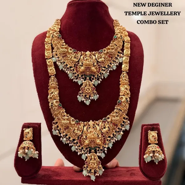 Viva_Jewels_Divine_Goddess_Lakshmi_Antique_Gold_Temple_Combo_Set_–_Statement_Choker,_Long_Haram_Necklace_&_Matching_Jhumkas_with_Mint_Green_Beads
