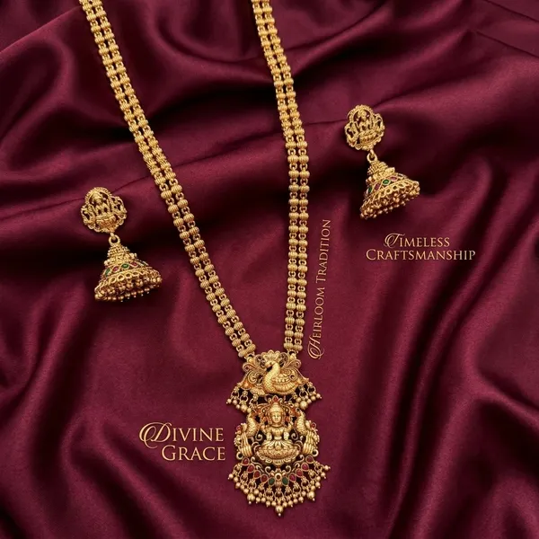 Viva_Jewels_Divine_Goddess_Lakshmi_&_Peacock_Antique_Gold_Temple_Long_Haram_Necklace_Set_with_Matching_Jhumkas