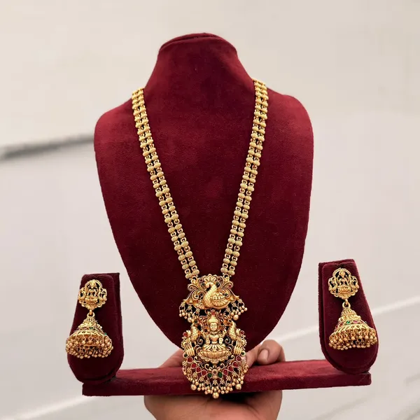 Viva_Jewels_Divine_Goddess_Lakshmi_&_Peacock_Antique_Gold_Temple_Long_Haram_Necklace_Set_with_Matching_Jhumkas