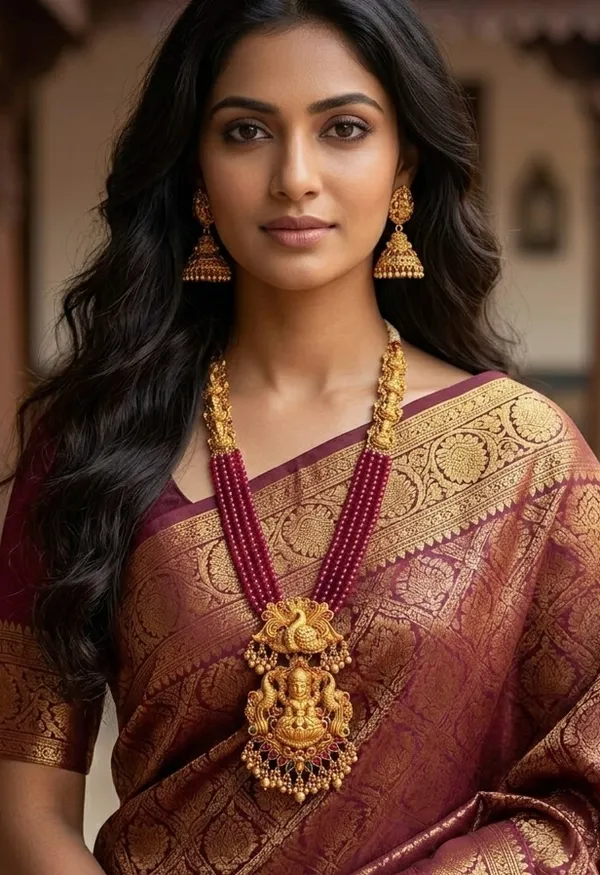 Viva_Jewels_Divine_Lakshmi_&_Peacock_Temple_Haram_Set_–_5-Strand_Deep_Maroon_Micro-Bead_Mala_with_Antique_Matte_Gold_Pendant_and_Jhumkas