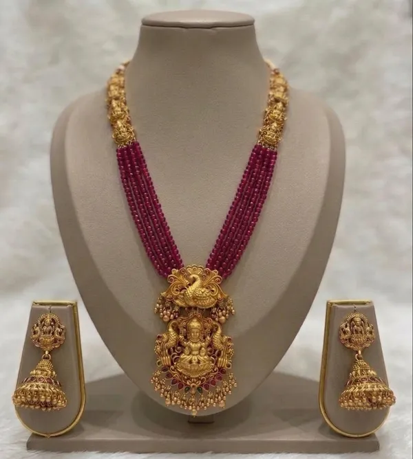 Viva_Jewels_Divine_Lakshmi_&_Peacock_Temple_Haram_Set_–_5-Strand_Deep_Maroon_Micro-Bead_Mala_with_Antique_Matte_Gold_Pendant_and_Jhumkas