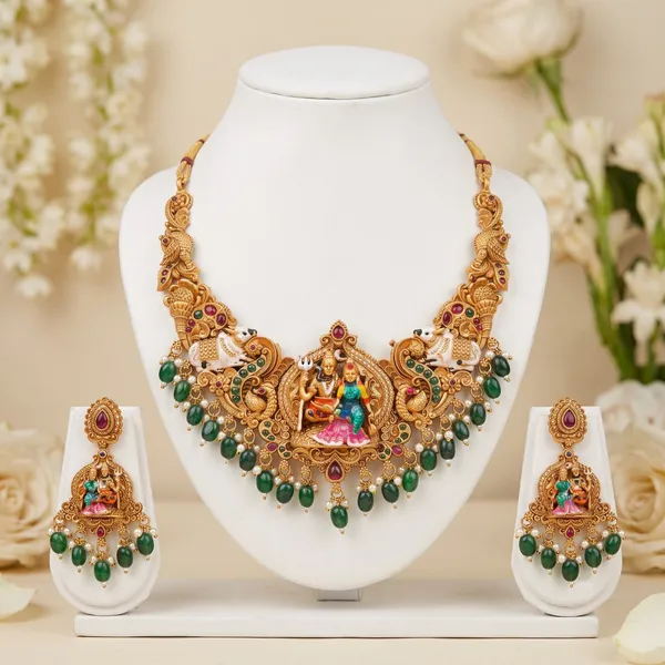 Viva_Jewels_Divine_Shiva_Parvati_Temple_Necklace_Set_–_Antique_Gold_Meenakari_with_Emerald_Green_Bead_Drops_&_Matching_Earrings