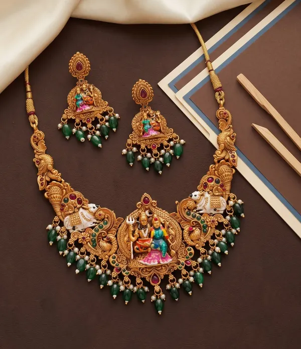 Viva_Jewels_Divine_Shiva_Parvati_Temple_Necklace_Set_–_Antique_Gold_Meenakari_with_Emerald_Green_Bead_Drops_&_Matching_Earrings