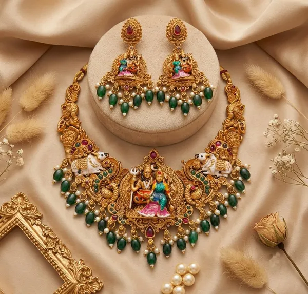 Viva_Jewels_Divine_Shiva_Parvati_Temple_Necklace_Set_–_Antique_Gold_Meenakari_with_Emerald_Green_Bead_Drops_&_Matching_Earrings