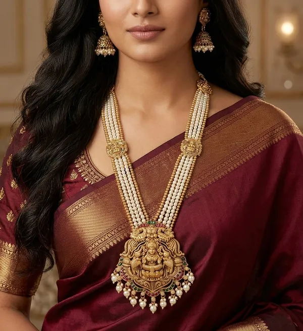 Viva_Jewels_Divine_South_Indian_Lakshmi_Temple_Pearl_Long_Haar_–_Premium_Matte_Gold_Multi-Layered_Pearl_Necklace_Set_with_Royal_Wedding_Jhumka
