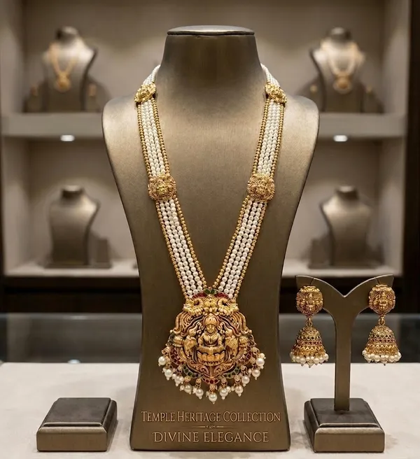 Viva_Jewels_Divine_South_Indian_Lakshmi_Temple_Pearl_Long_Haar_–_Premium_Matte_Gold_Multi-Layered_Pearl_Necklace_Set_with_Royal_Wedding_Jhumka