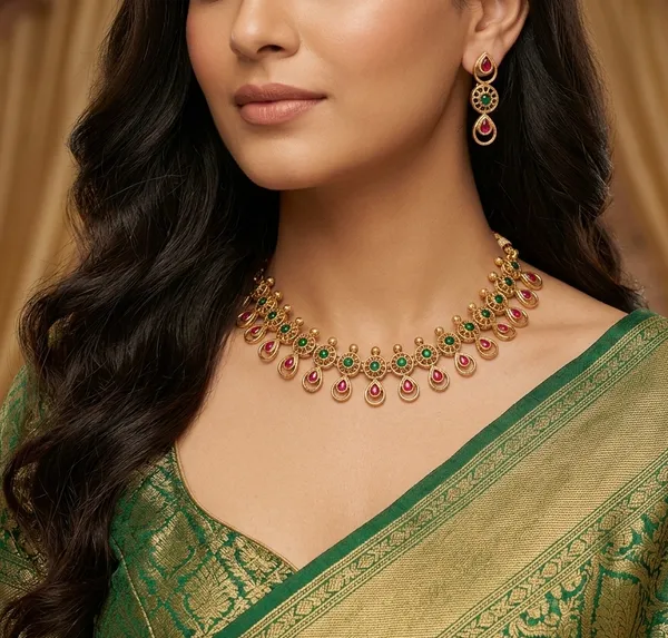 Viva_Jewels_Dual-Tone_Red_Green_Wheel_Gold_Choker_Set_–_Antique_Gold_Plated_Kemp_Short_Necklace_with_Matching_Drop_Earrings