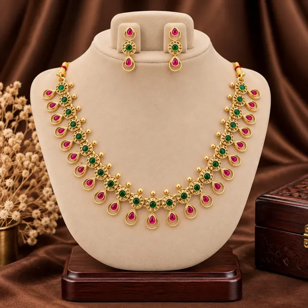 Viva_Jewels_Dual-Tone_Red_Green_Wheel_Gold_Choker_Set_–_Antique_Gold_Plated_Kemp_Short_Necklace_with_Matching_Drop_Earrings