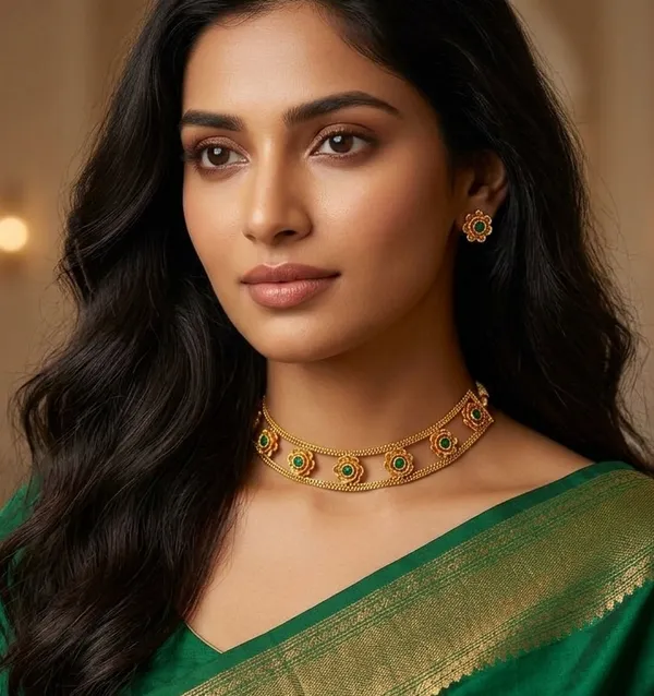 Viva_Jewels_Elegant_Dual-Chain_Green_Stone_Floral_Choker_Set_–_Gold_Plated_Textured_Flower_Motif_Layered_Necklace_with_Matching_Floral_Studs