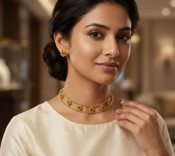 Viva_Jewels_Elegant_Dual-Chain_Green_Stone_Floral_Choker_Set_–_Gold_Plated_Textured_Flower_Motif_Layered_Necklace_with_Matching_Floral_Studs