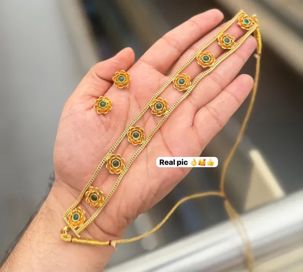Viva_Jewels_Elegant_Dual-Chain_Green_Stone_Floral_Choker_Set_–_Gold_Plated_Textured_Flower_Motif_Layered_Necklace_with_Matching_Floral_Studs